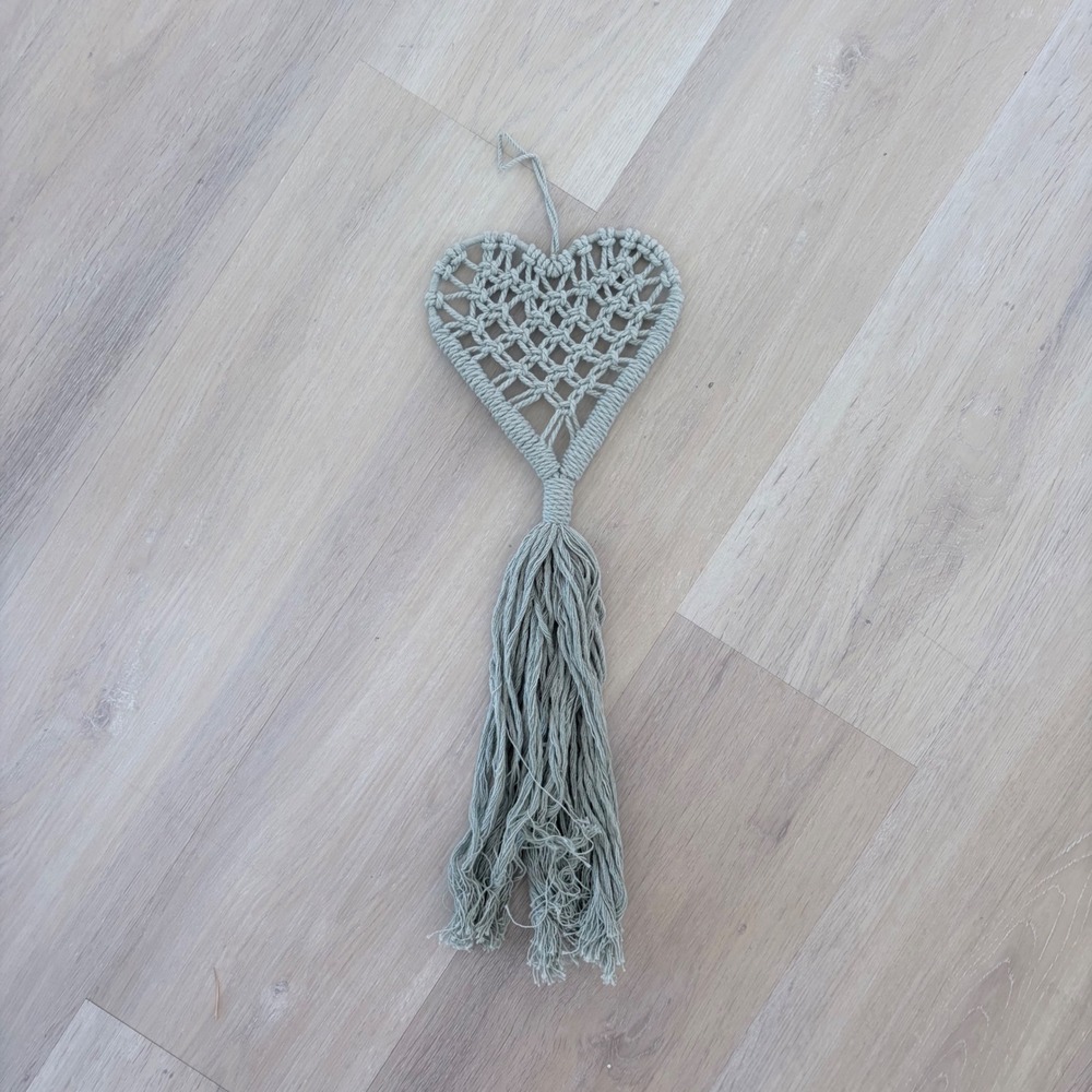 Sage Green Macrame Heart Wall Hanging Boho Tassel Fringe Home Decor Handmade